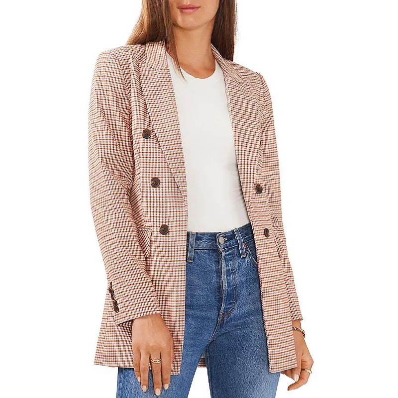 Womens Woven Plaid Double-Breasted Blazer